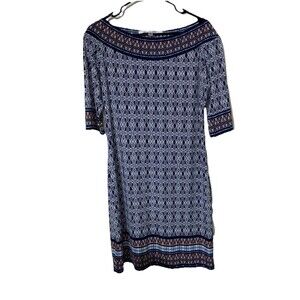 MAX STUDIO Mixed Print Sheath Dress L Blue Stretch Travel Knit